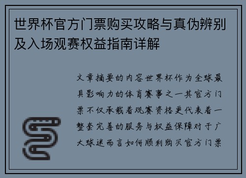 世界杯官方门票购买攻略与真伪辨别及入场观赛权益指南详解